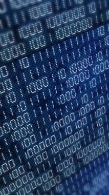 İkili kodlu elektronik ekran. Yanıp sönen noktalar ve piksellerle mavi ekran. Dikey video.