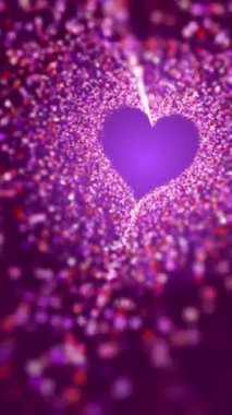 Pembe zemin üzerinde parlak parçacıklar olan parıldayan kalp şekli. Döngü animasyonu. Dikey video.