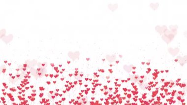 Beyaz arka planda izole edilmiş kalpleri olan karahindiba. Uçan kırmızı kalp şekilleri. Döngü animasyonu. Boşluğu kopyala.