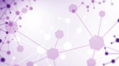 Altıgenler mor desenli ve moleküler ızgaralı. Basit altıgen elementlere sahip geometrik soyut arkaplan. Tıbbi, teknoloji ya da bilim tasarımı. Döngülü.