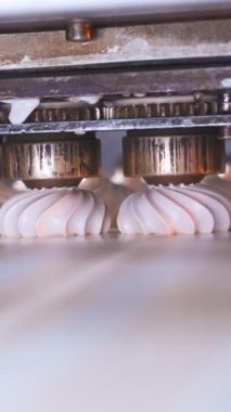 Bükülmüş şekerlemelerin otomatikleştirilmesi için enjektörleri kapatın. Şekerleme fabrikasında taşıma bandı. Dikey video.
