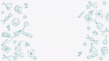 El çizimi klasik öğrenme simgeleri dokusu beyaz ızgara kağıt arka planda. Doodle tarzı desen. Kopya alanı ile canlandırma çerçevesini döndür.