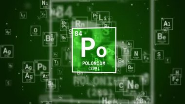 Periyodik tablodaki yüzen elementlerin arka planında yeşil bir karede bulunan kimyasal element polonyumunun grafik sembolü. Döngülü canlandırma.