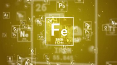 Demir Fe ikon yapısı kimyasal element kare şeklinde. Atom numarası olan periyodik tablonun kimyasal elementi. Kırmızı arkaplanda döngü hareketi grafiği.