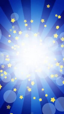 Dönen çizgili mavi arkaplanın çizgi film animasyonu sarı yıldızlar ve metin için boşluk. Döngülü hareket grafikleri. Dikey video.