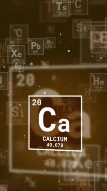 Kimyasal element ve mineral kalsiyum sembolü. Kahverengi soyut okul geçmişi. Döngü animasyonu. Dikey video.