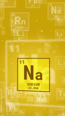 Sodyum Na, periyodik cetvelde 11 numaralı kimyasal element işareti. Animasyon simgesi sarı arka planda. Dikey video.