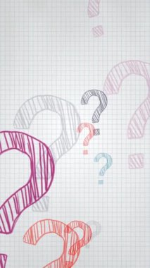 El çizimi soru işareti olan renkli soyut döngü arkaplanı. Dikey video.