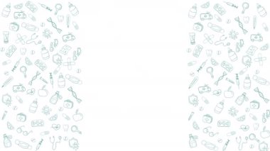 Beyaz arkaplana yazı için yeri olan yeşil renkli medikal el çizimleri. Dikey çerçeve. Döngülü hareket grafikleri.