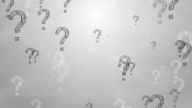 Gri arkaplandaki soru işaretlerinin kaotik düşen simgeleri. El çizimi semboller. Döngülü canlandırma.