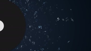 Uçan notalarla donatılmış mavi bir arka plan. Vinil plaklı bir ekran koruyucu. Boşluğu kopyala.