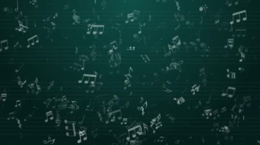 Yeşil döngü arka planında hareketli müzikal semboller uçur. Boşluğu kopyala.