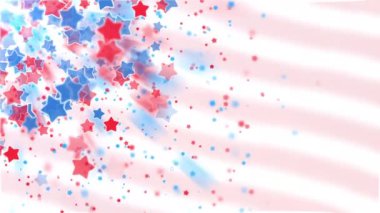 Beyaz ve kırmızı çizgili döngülü arka plan. Amerikan bayrağıyla ilişkili kırmızı ve mavi yıldızların çizgi film animasyonu.