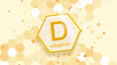 Altıgen şekilli D vitamini logosu tıbbi arka plan, turuncu renk, takviye ve tıbbi konsept. Döngü canlandırması.