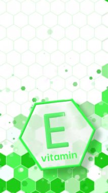Yeşil arka planda E vitamini konsepti etiketi. Döngü animasyonu. Dikey video.