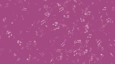 Pembe arka planda uçan müzik notaları. Müzik sembollerinin döngüye sokulmuş animasyonu.