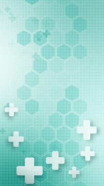 Altıgen desenli yeşil arka planda beyaz haç veya artı farklı boyut ve matlık sembolleri. Döngü animasyonu. Uzayı kopyala Dikey video.