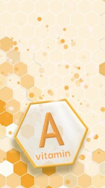 Altıgen ızgaralı ve A vitamini ikonlu sarı animasyon arka plan. Tıbbi ve bilimsel kavramlar. Dikey video.