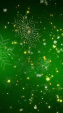 Parlak yeşil arkaplan, konfeti parçacıkları ve kar. Kutlama animasyonu. Yıldız tozu. Kar taneleriyle dolu bir Noel arkaplanı. Dikey video.