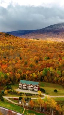 Sonbahar ormanının ortasındaki dağlarda sarı ağaçlı bir otel. Ufukta karla kaplı dağ tepeleri ve bulutlar. Dikey video.