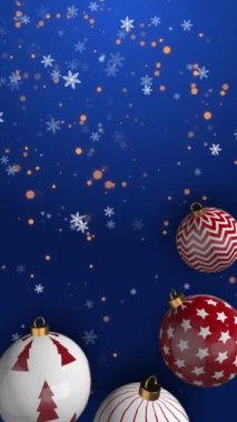 Gerçekçi 3D objelerle Xmas tasarımı, Noel balosu, kar tanesi, parıltılı altın konfeti. Mutlu Noeller ve yeni yılınız kutlu olsun. Döngü. Dikey video.