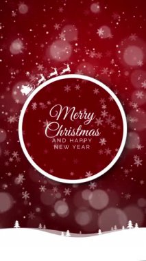 Karlı Noel ve Yeni Yıl metinleri. Kırmızı arka plan. Kar taneleri, ışık ve yıldızlı kış manzarası. Mutlu noel kartları. Döngü animasyonu. Dikey video.