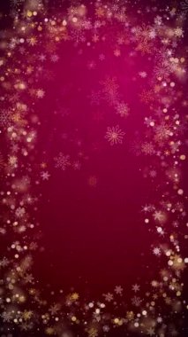 Altın kar taneleri çerçeveli kırmızı Noel animasyonlu arka plan. Kış festivali ekran koruyucusu. Dikey video.