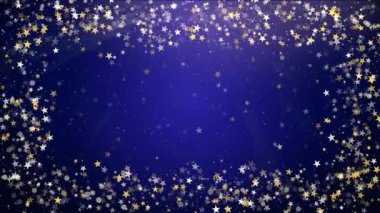 Pırıl pırıl parlayan Bokeh yıldız şekilli sihirli gece mavisi çerçeve. Altın konfeti döngüsü arka planı. Peri masalı yıldızı.