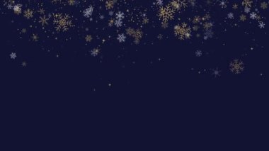 Mutlu Noeller ve yeni yılınız kutlu olsun. Altın ve beyaz kar taneleri sınırı ve bir Noel yıldızı. Koyu mavi döngü arka planı ve düşen kar.