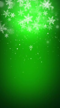 Kar taneleri ve parlak parıltıları olan yeşil soyut bir arka plan. Noel tebrik kartları için döngü animasyonu. Uzayı kopyala Dikey video.