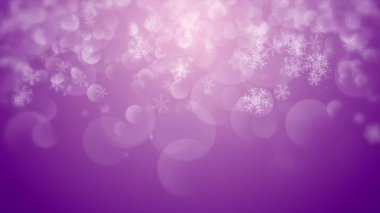 Karmaşık, bulanık ve berrak kar tanelerinin Noel arkaplanı mor renkli ve bokeh efektli. Döngü canlandırması.