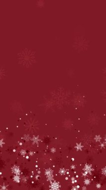 Kırmızı arka planda kar taneleri olan bir Noel çerçevesi. Döngü animasyonu. Uzayı kopyala Dikey video.