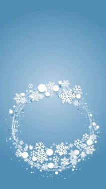 Kış tatili, kar taneli mavi arka plan. Mutlu noel tebrik kartı ve metin için fotokopi alanı. Dikey video.