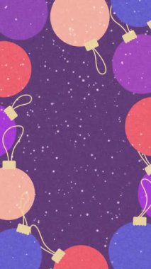 Soyut zarif çizgi film animasyonu. Mor noel baloları ve metin için mekan. Döngü. Uzayı kopyala Dikey video.