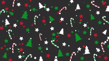 Noel şablonu şekerli, kar taneli, gri arka planda ağaç. Canlandırılmış kış arkaplanını döndür.