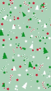 Baston şekerli kış tatili şablonu, Noel ağacı ve yeşil arka planda kar taneleri. Döngü animasyonu. Dikey video.