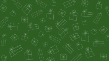 Minimalist Noel kartı kalıpları, hediyeler ve kar taneleri. Karalama stiliyle çizilmiş. Canlandırılmış yeşil arkaplanı döndür.