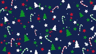 Noel ve Yeni Yıl döngü animasyon mavi arka plan dekoratif elementler ağaç, şeker ve yıldız şekilli.