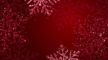 Parlak kırmızı kar taneleri ve karlı Noel arkaplanı. Kırmızı arka planda mutlu noel döngü animasyonları. Parlak desenli parlak kırmızı kar taneleri..