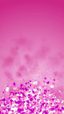 Renkli konfeti aşk kalpleri pembe bulanık, romantik bir düğün geçmişinde uçar. Döngülü hareket grafikleri. Uzayı kopyala Dikey video.