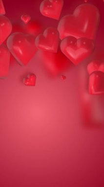 Gerçekçi 3D renkli kırmızı romantik kalp döngüsü. Yüzen aşk sembolü Sevgililer Günü 'n kutlu olsun. Dikey video.