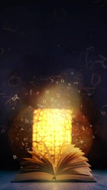 Üzerinde antik sayfalar olan sihirli bir kitap ve karanlık arka planda parlayan soyut bokeh ışıkları. Döngü animasyonu. Ders kitabının sayfalarından harfler ve parçacıklar uçuyor. Dikey video.