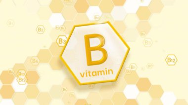 Altıgen ızgarada parlayan altın altıgen şeklinde 3D B vitamini. Canlandırılmış bilimsel sarı arkaplan döngüsü.