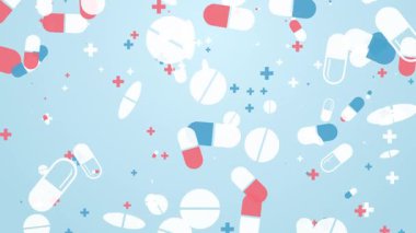 Mavi arka planda renkli hapların ikonları düşüyor. Döngüye alınmış basit grafik canlandırması.