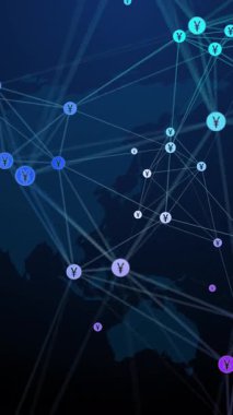 Koyu mavi bir dünya haritasının arka planında Japon yeninin sembolleri olan sayısız çizgi ve noktalar. Soyut çokgen bulanık döngülü animasyon. Dikey video.