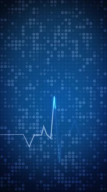 Elektrokardiyogram kalp atışlarının ışıldayan parçacıklarının animasyonu. Pikselli mavi döngülü tıbbi geçmiş. Tıbbi monitör. Dikey video.