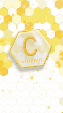 Altıgen şekilli C vitamini logosu ve tıbbi bir tarzı var. Sarı renkli rozet beslenmesi ve takviyesi döngüsü. Dikey video.