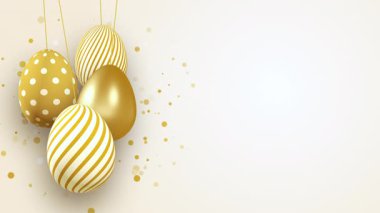 Beyaz arka planda altın yumurtalar asılı Paskalya tebrik kartı. Döngü 3 boyutlu animasyon. Metin için yer.
