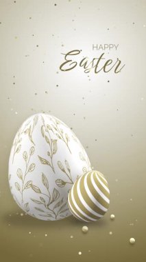 Farklı desenli ve çiçek desenli Paskalya yumurtaları. Mutlu Paskalyalar. Gerçekçi döngülü üç boyutlu animasyon. Dikey video.