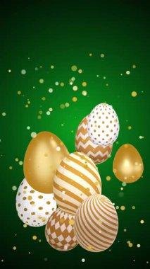 3D gerçekçi paskalya yumurtaları desenli ve dekorasyonlu yeşil arka planda uçan konfetilerle dönüyor. Döngü animasyonu. Dikey video.